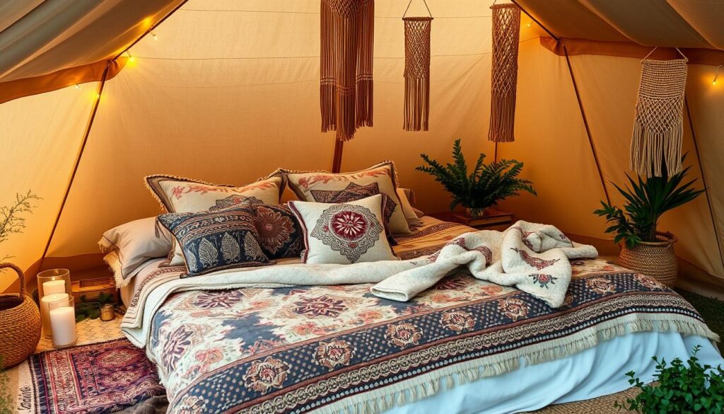 Boho glamping decor for luxurious bedding