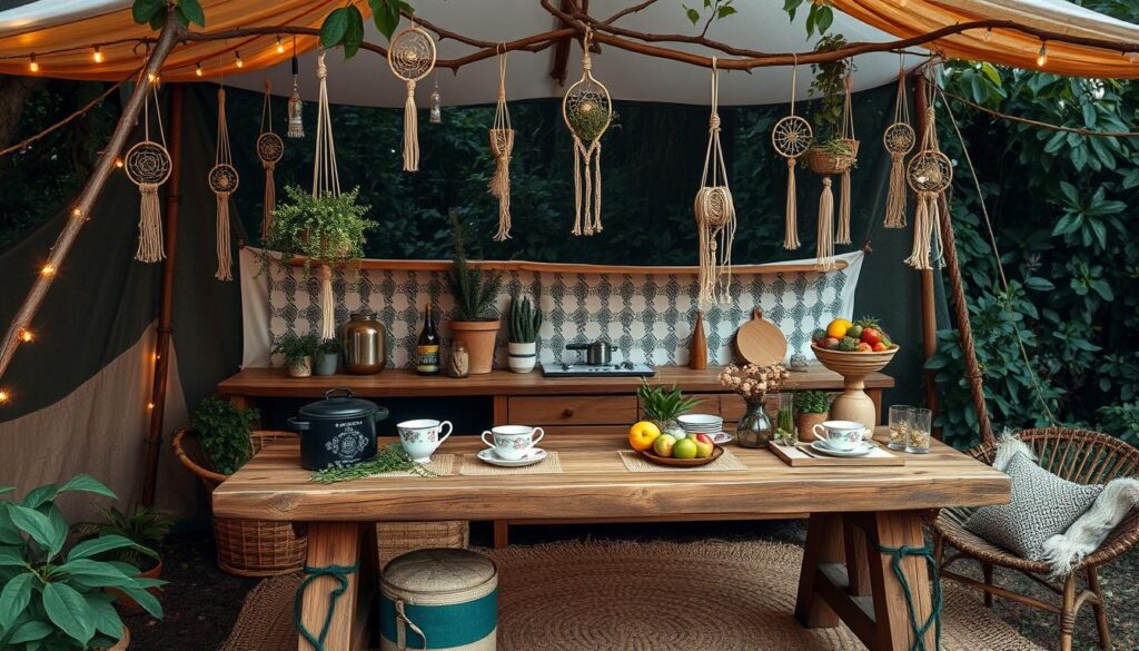 Boho glamping kitchen setup