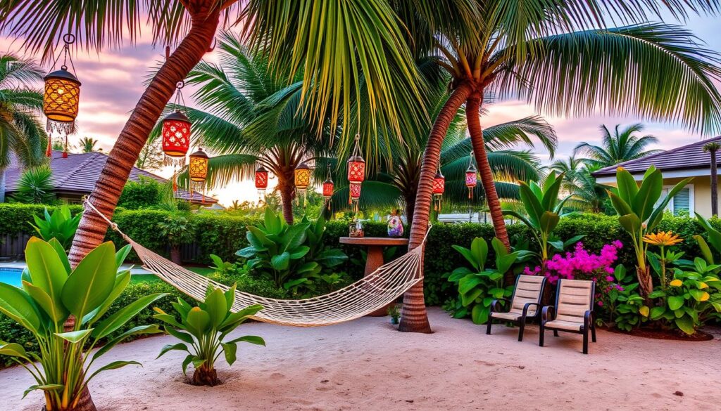 backyard tropical retreat with hammock and tiki-themed decor