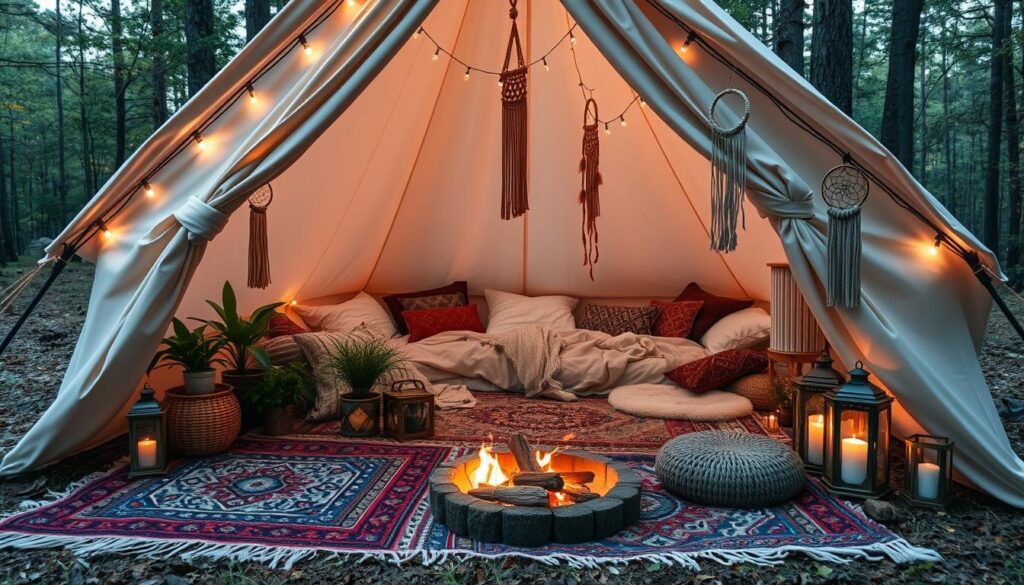 boho chic glamping tent setup