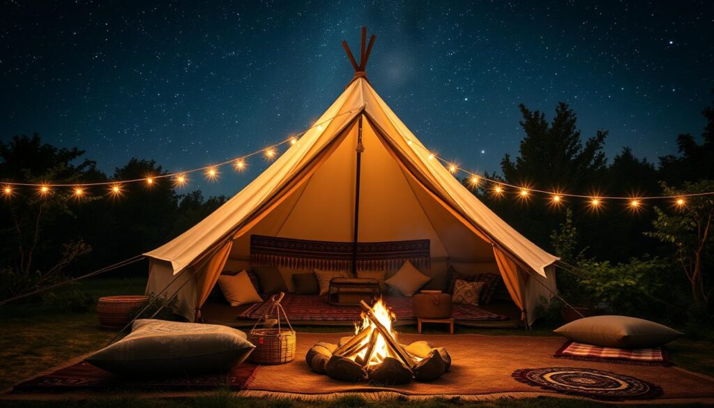 boho glamping with fairy lights