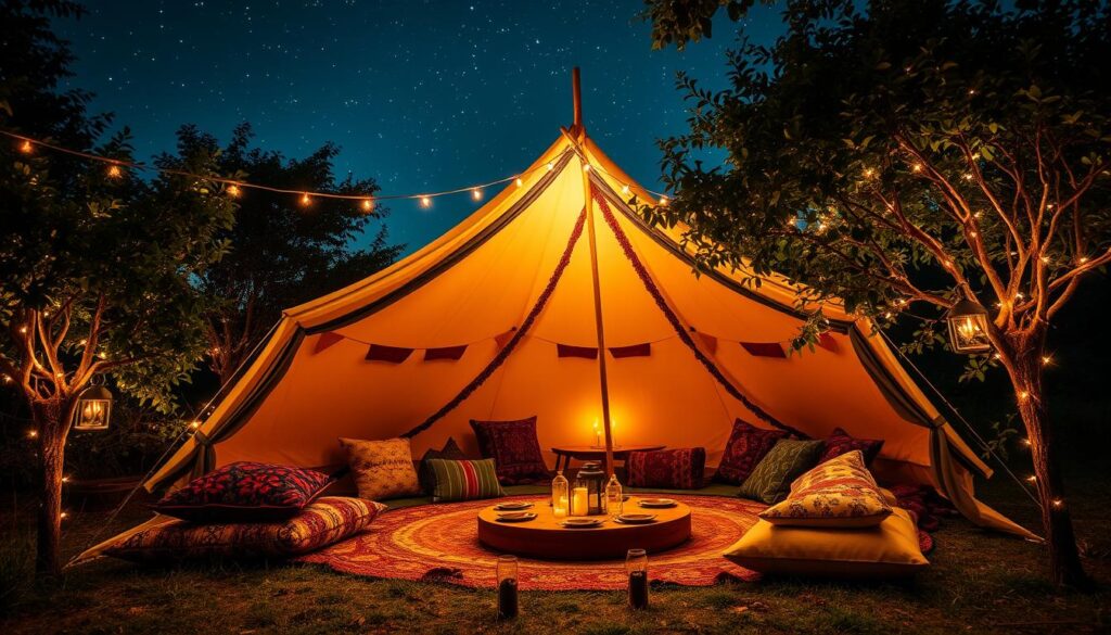 boho glamping with fairy lights