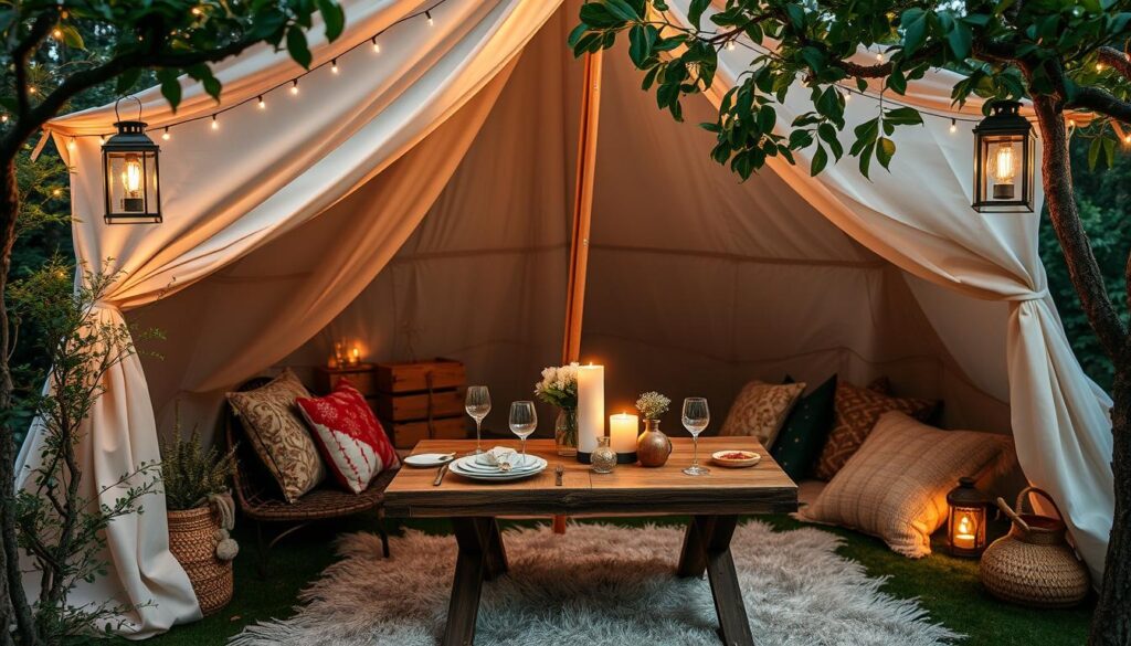 boho glamping with fairy lights