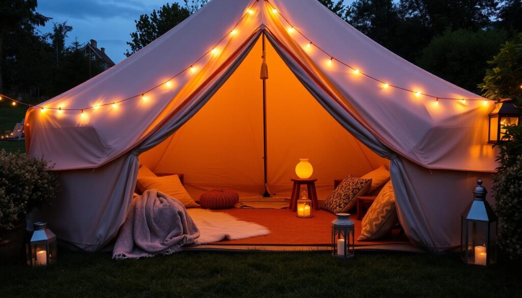 cozy glamping tent with string lights and decorative elements