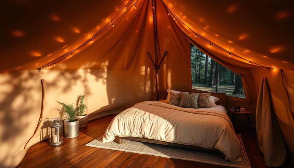 glamping tent with string lights and comfortable bedding