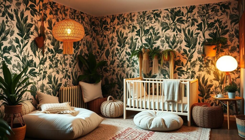 bohemian crib and wallpaper