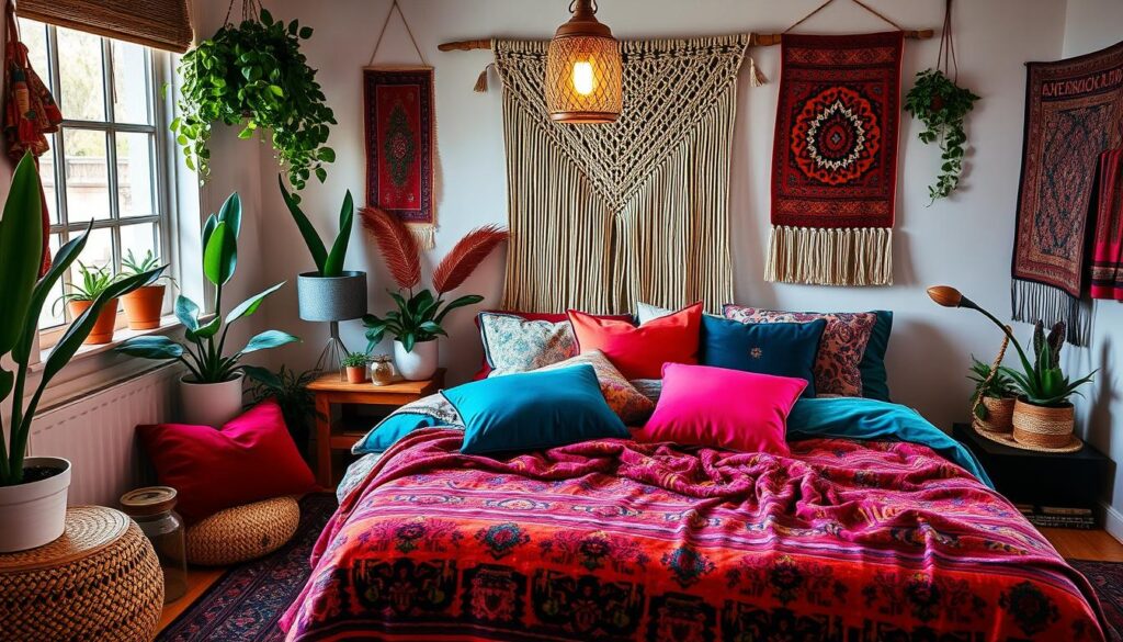 bohemian room with vibrant colors