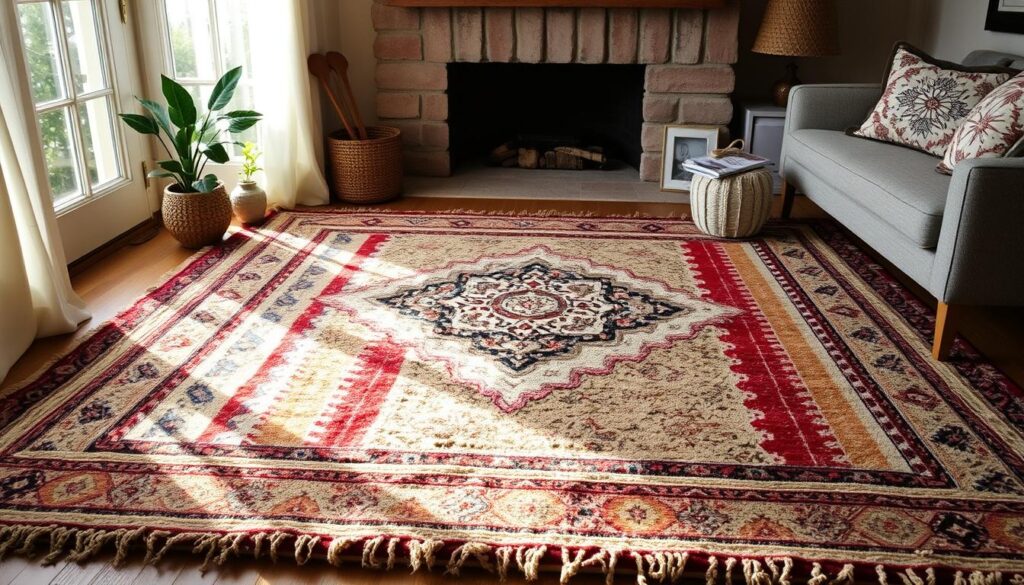 bohemian rug with mixed patterns