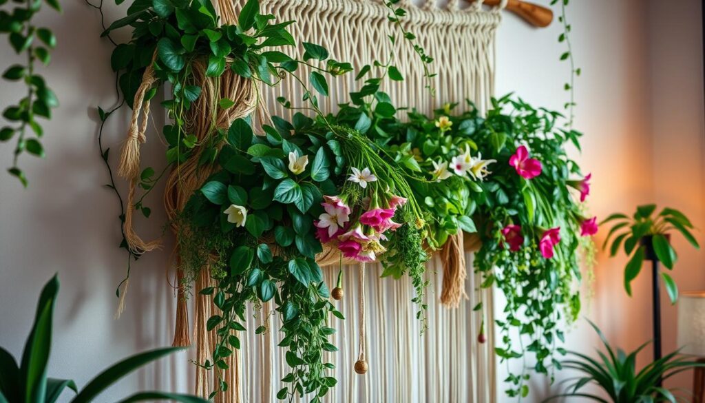 bohemian wall hanging with plants