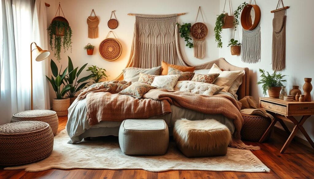 boho bedroom with layered textures