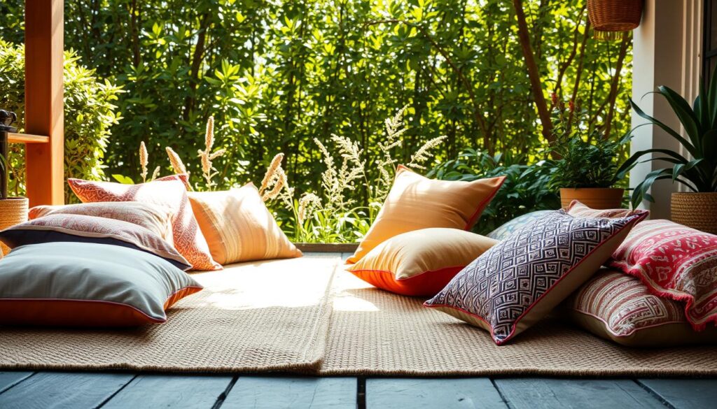 boho outdoor rug and pillows