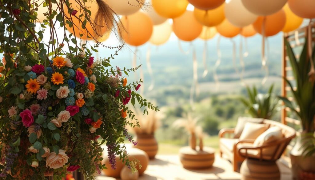 boho party flowers and balloons