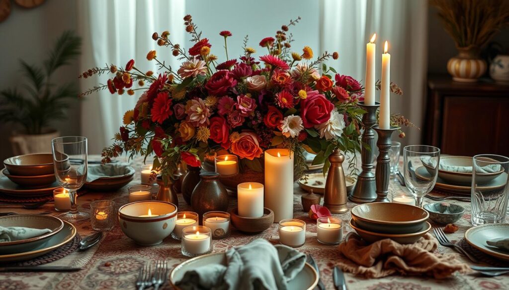 eclectic tableware and centerpieces