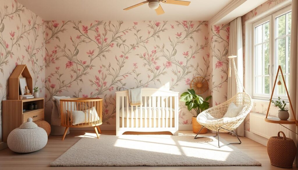 floral wallpaper in baby girl nursery