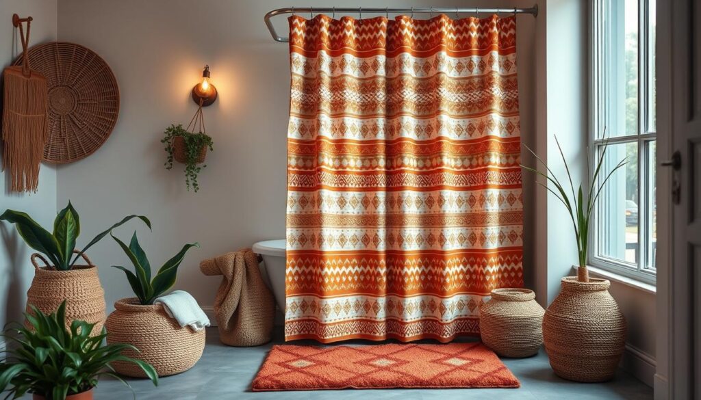 patterned shower curtain and bath mat