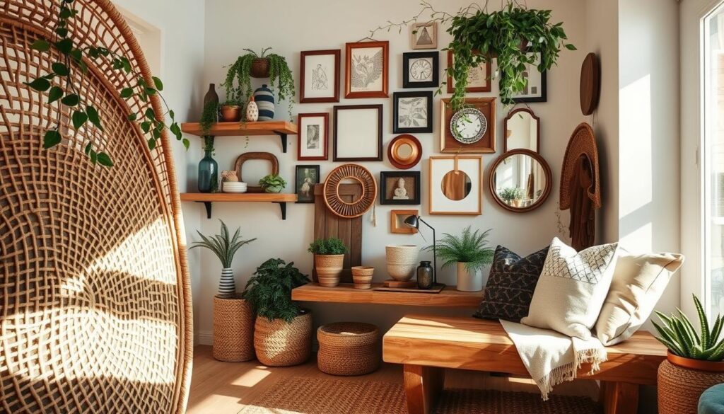 rattan and wood boho decor