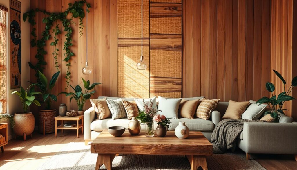 rattan and wood paneling