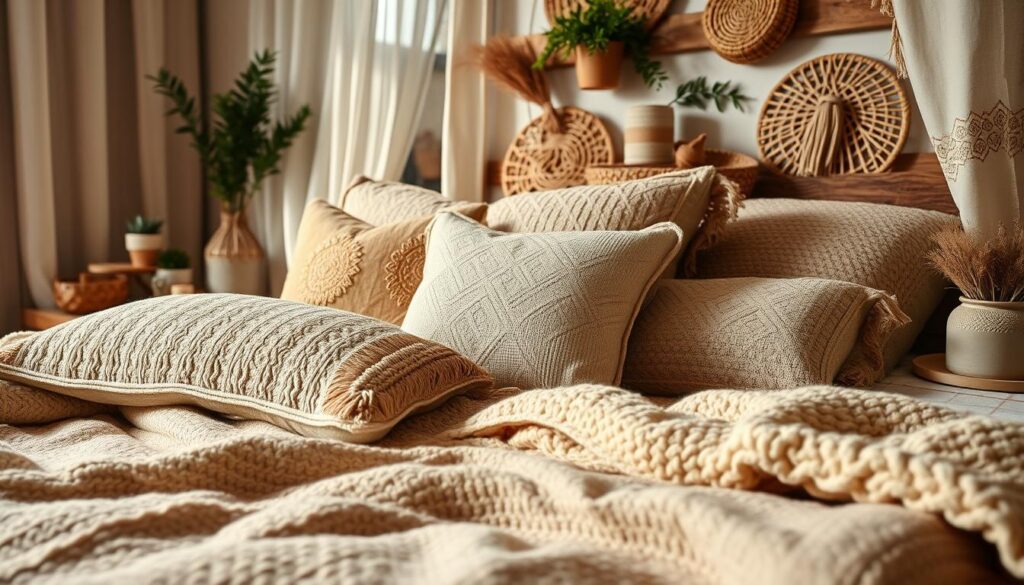 textured pillows and blankets