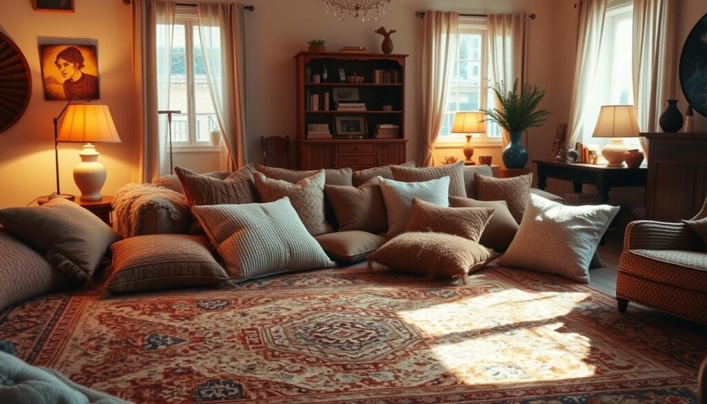 textured rug and cushions in a room