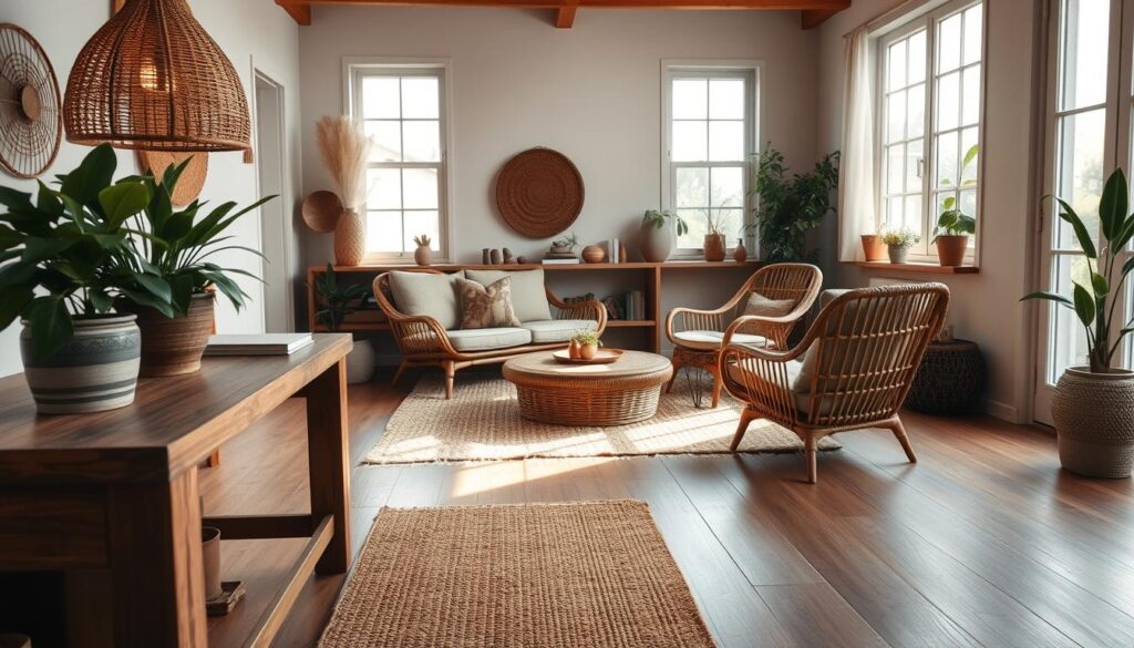 wood and rattan in boho style