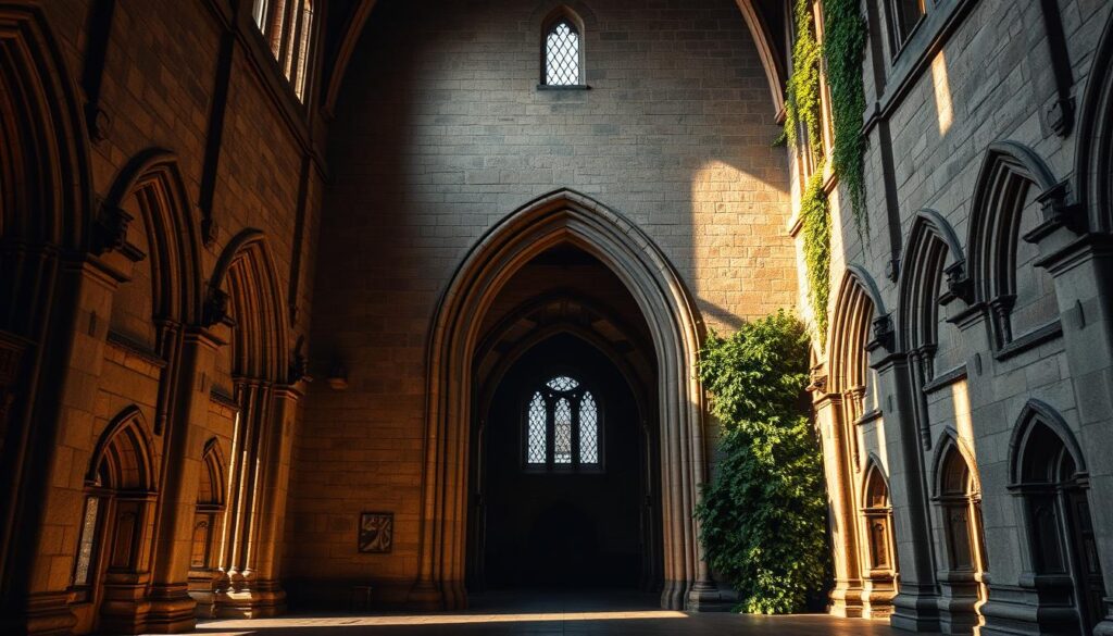 Gothic arches and stone walls