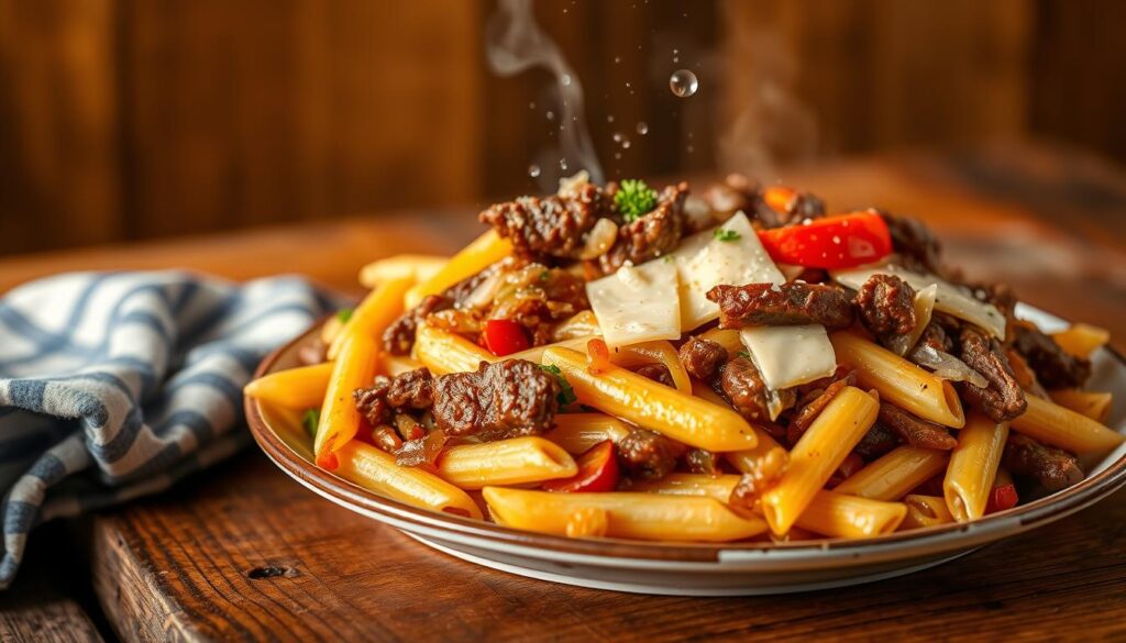 Philly cheesesteak pasta recipe