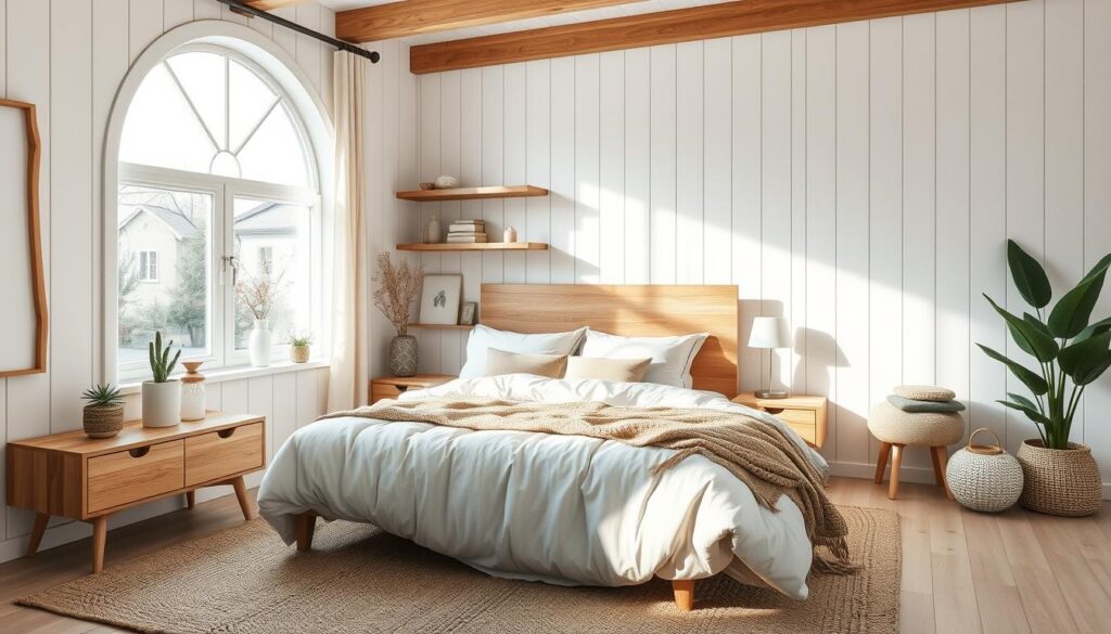Scandinavian bedroom with wood and color accents