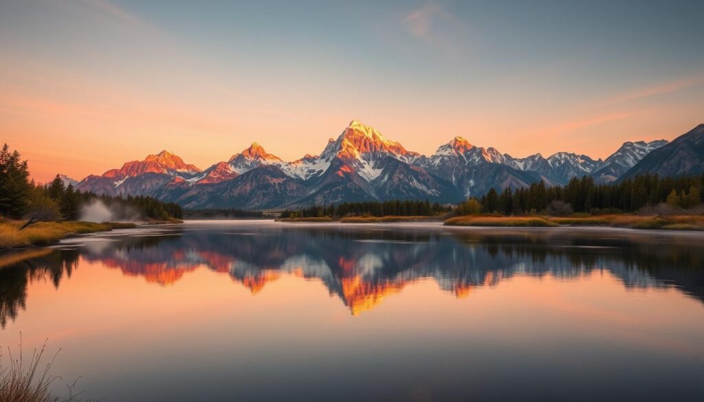 The Teton Range reflected in Snake River at sunrise, one of America's most stunning national parks The Teton Range reflected in Snake River at sunrise, one of America's most stunning national parks