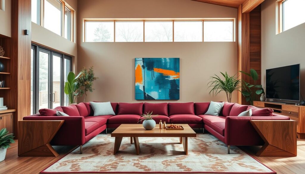 balanced decor with wood and bold colors