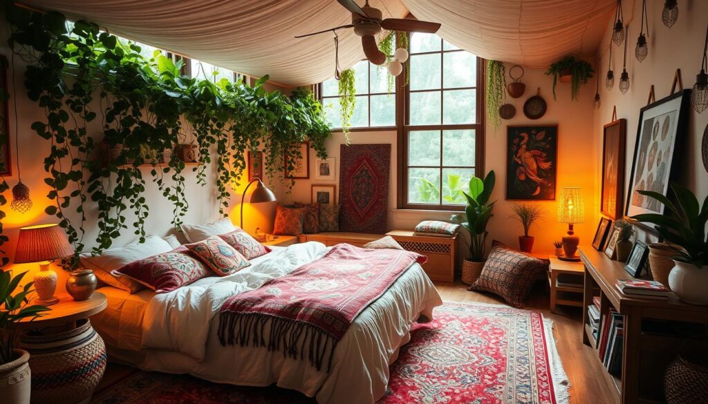 bohemian bedroom with global patterns and plants