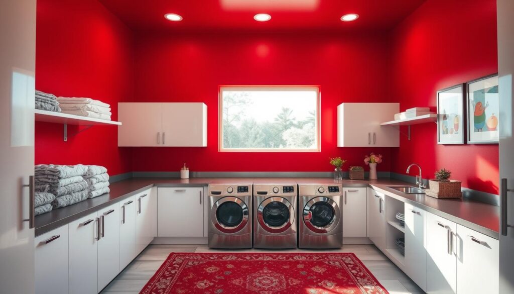 bold red laundry room design