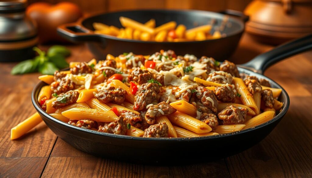 cheesy Philly steak pasta skillet recipe