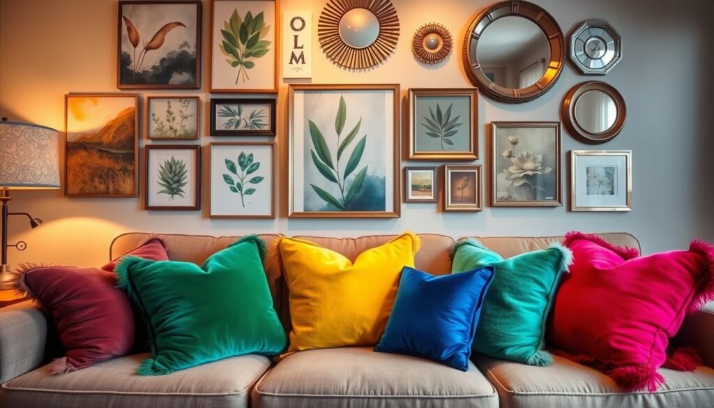 colorful throw pillows and wall art