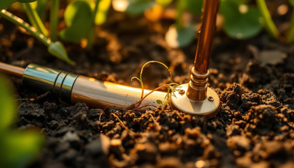 copper antenna in garden soil