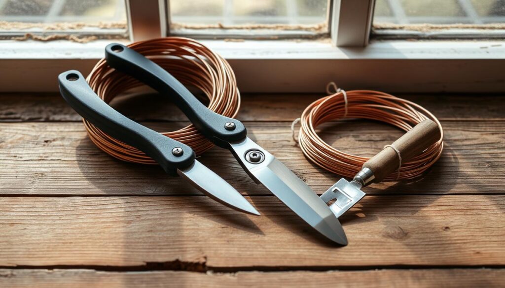 copper wire and gardening tools