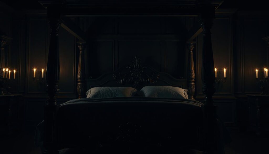 dark wood four-poster bed