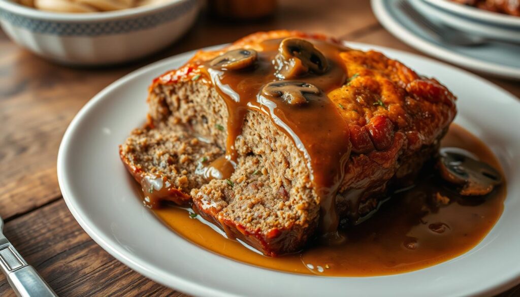 hearty meatloaf with mushroom gravy