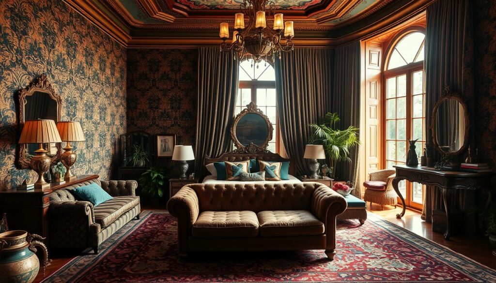 maximalist bedroom with layered patterns
