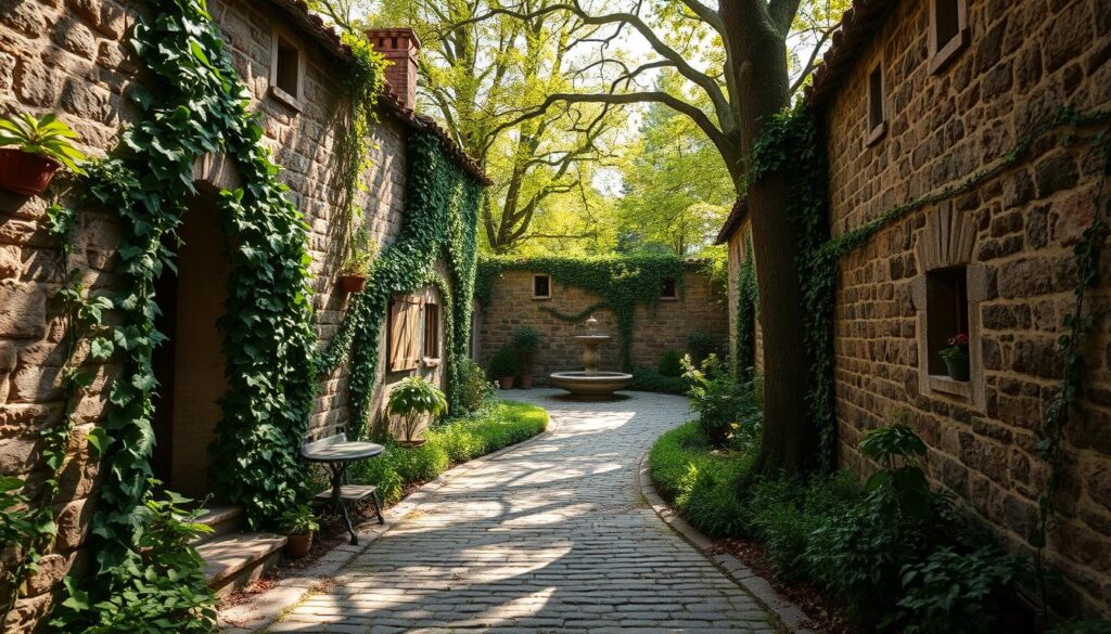medieval garden walls and stone paths