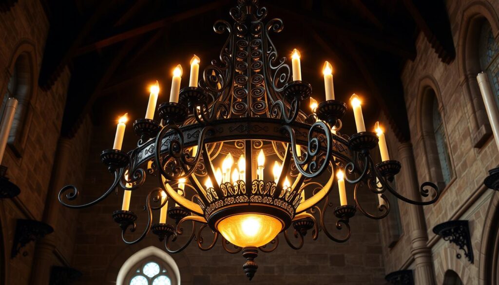 medieval-inspired wrought iron chandelier