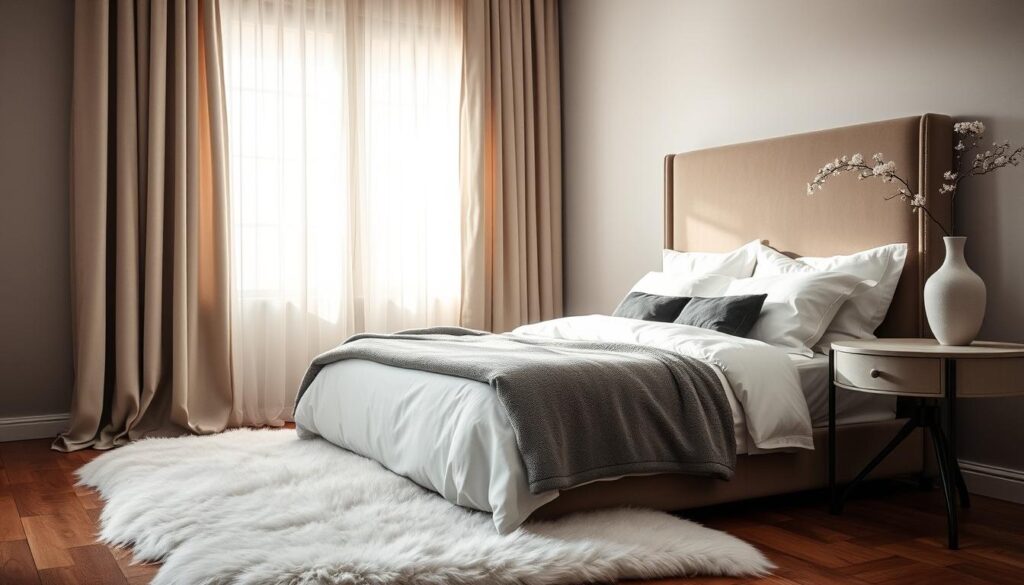 monochromatic bedroom with layered textures