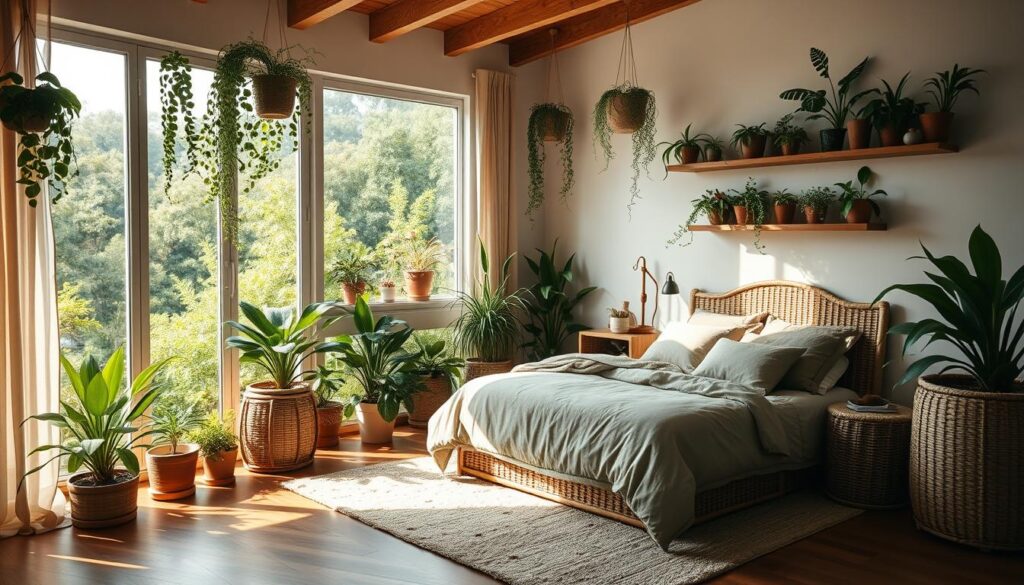 nature-infused bedroom with plants