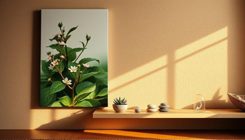 nature-inspired wall art and meditation nook