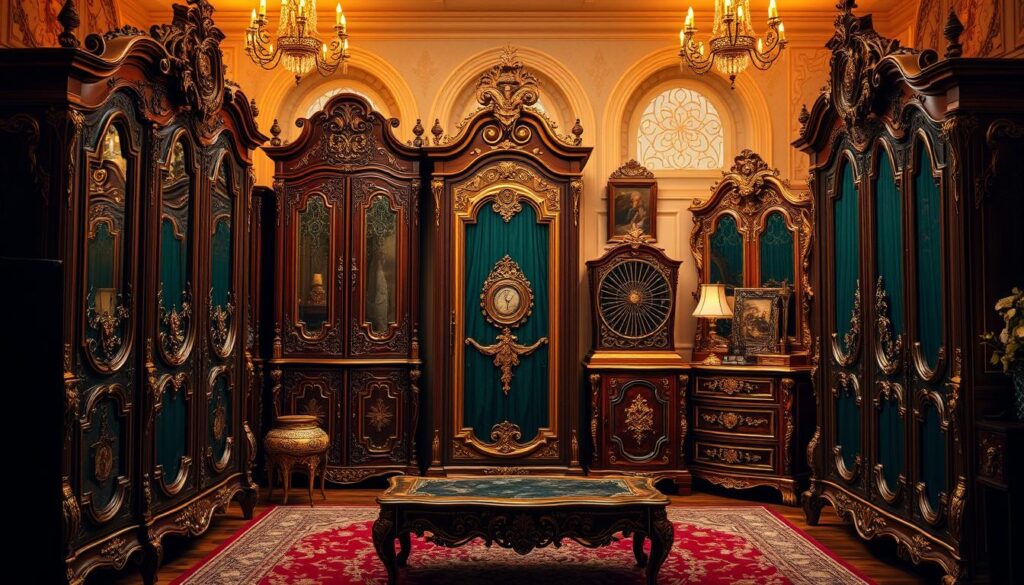 ornate armoires and storage pieces