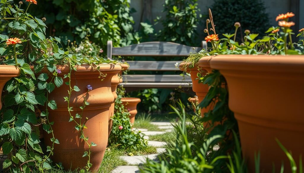 pots and containers in garden
