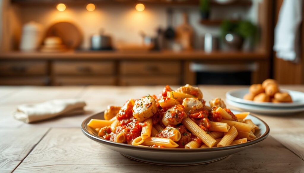 quick pasta dish with chicken and tomato sauce