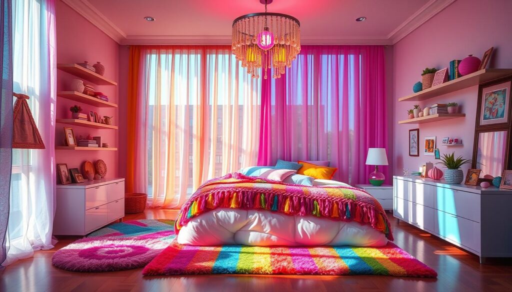 rainbow burst bedroom with colorful decor
