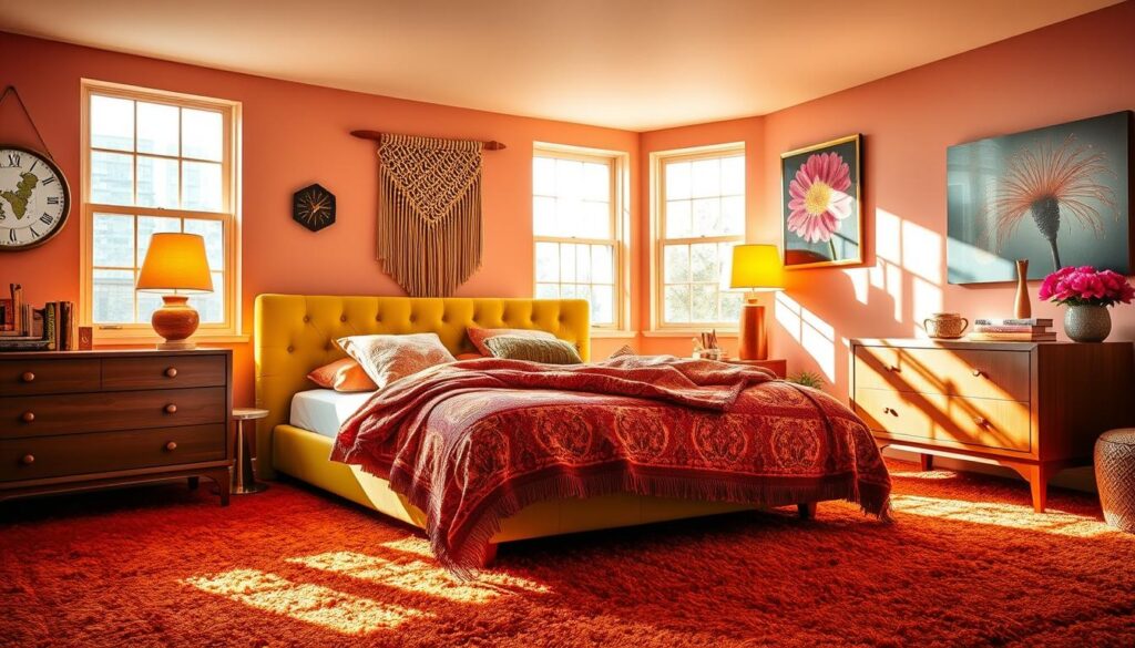retro revival bedroom with 70s colors