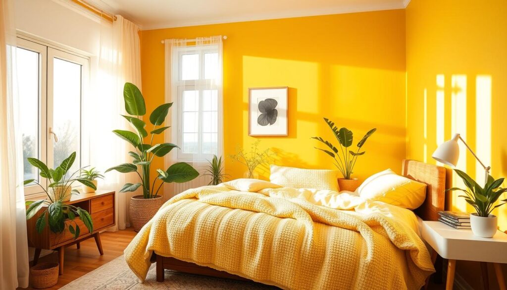 sunshine yellow bedroom with bold accent wall