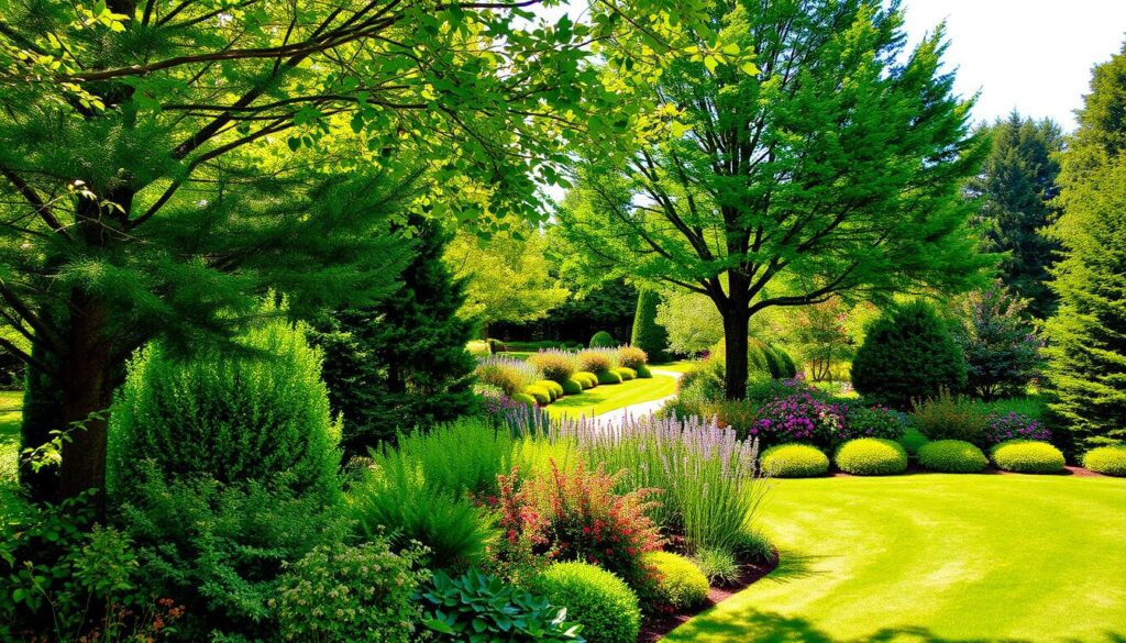 trees and shrubs in garden